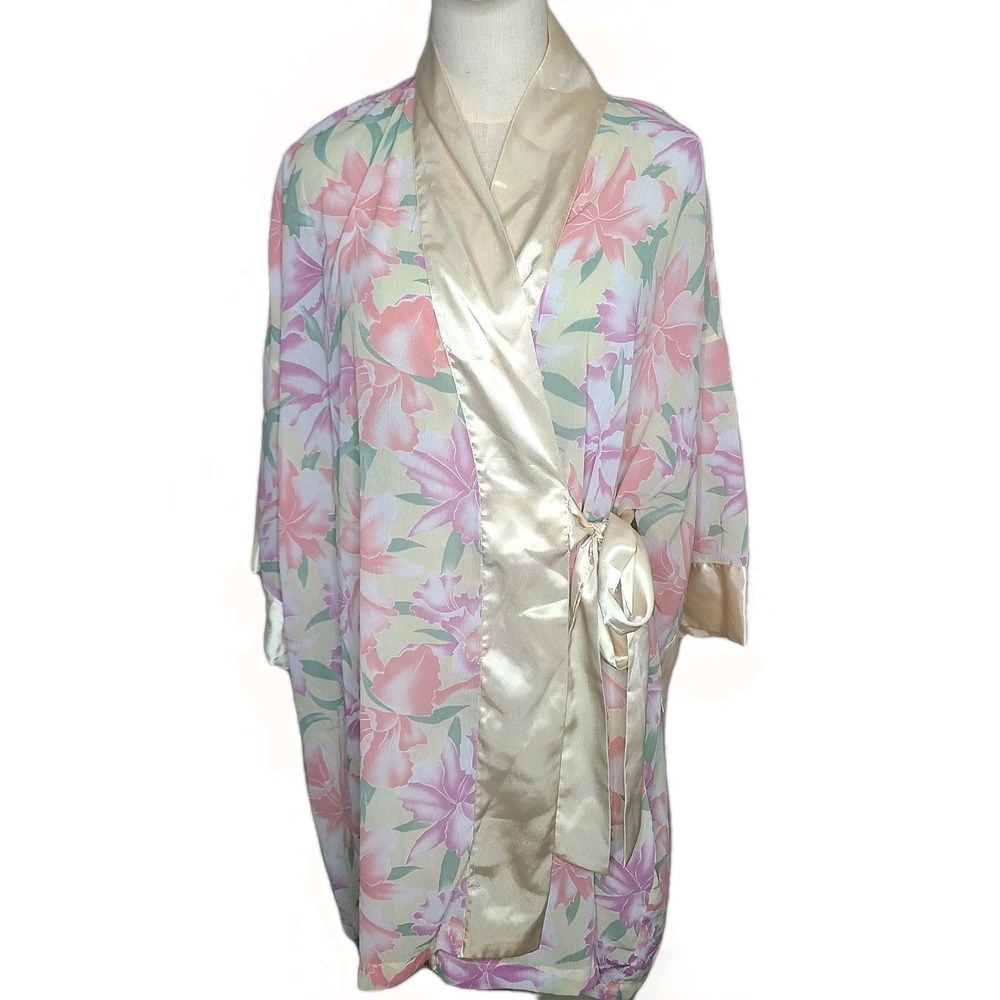 Victorias Secret Sheer Gold Label Vtg 90s Pastel Floral Wedding Bridal Robe O/S